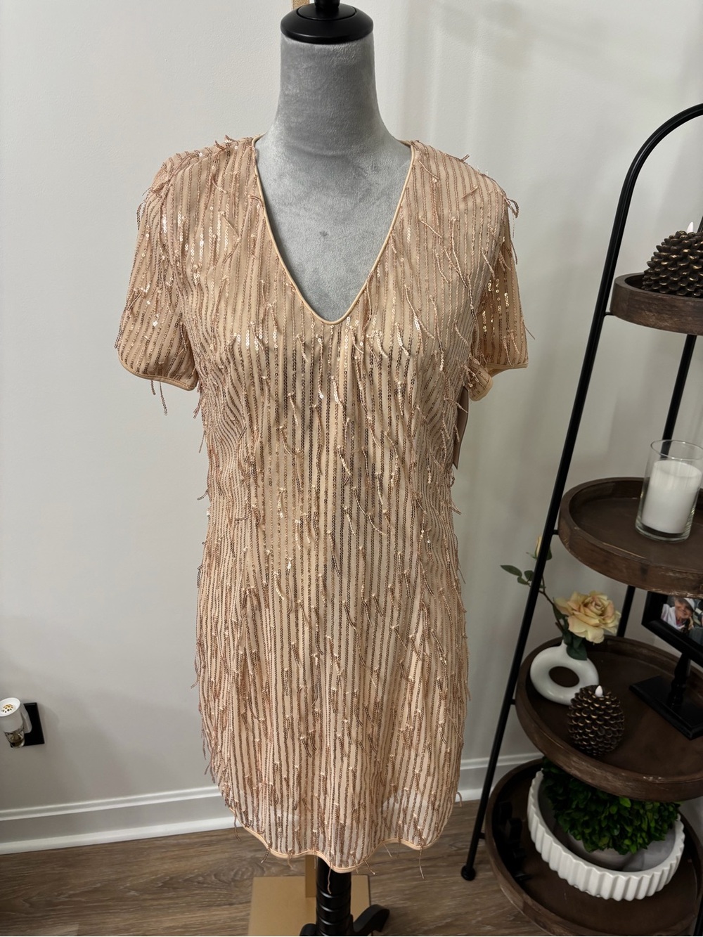 Beaded V-Neck Mini Dress in Blush Pink